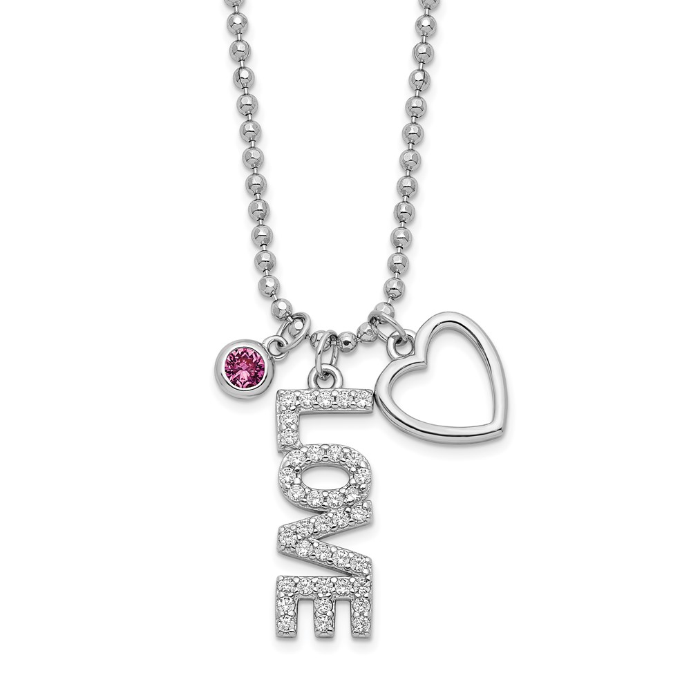 925 Sterling Silver Rhodium-Plated Cz And Heart D C Bead Chain 18 Inch Necklace